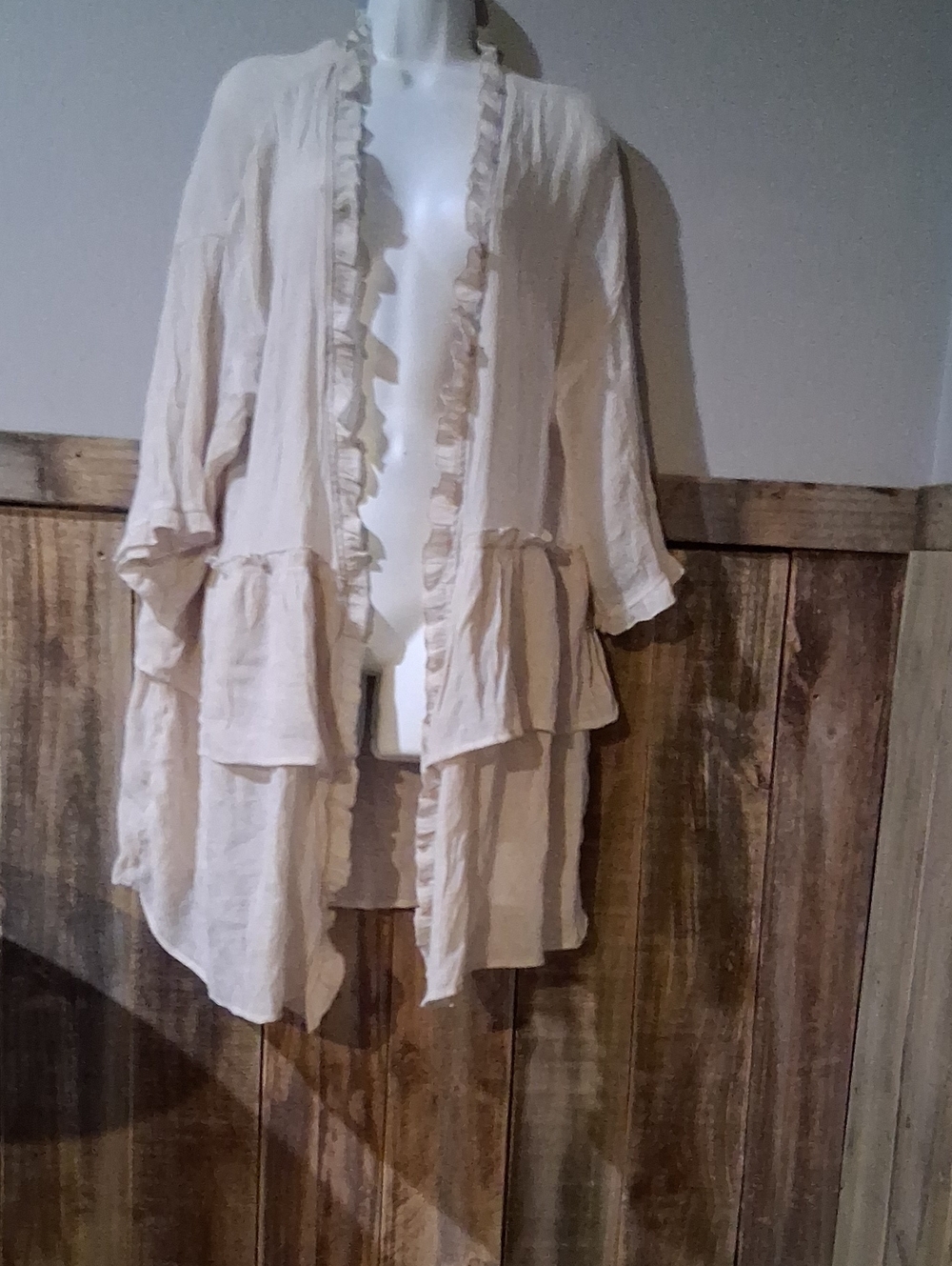 easel Soft Cream Ruffle-Trim Open Tunic Cardigan